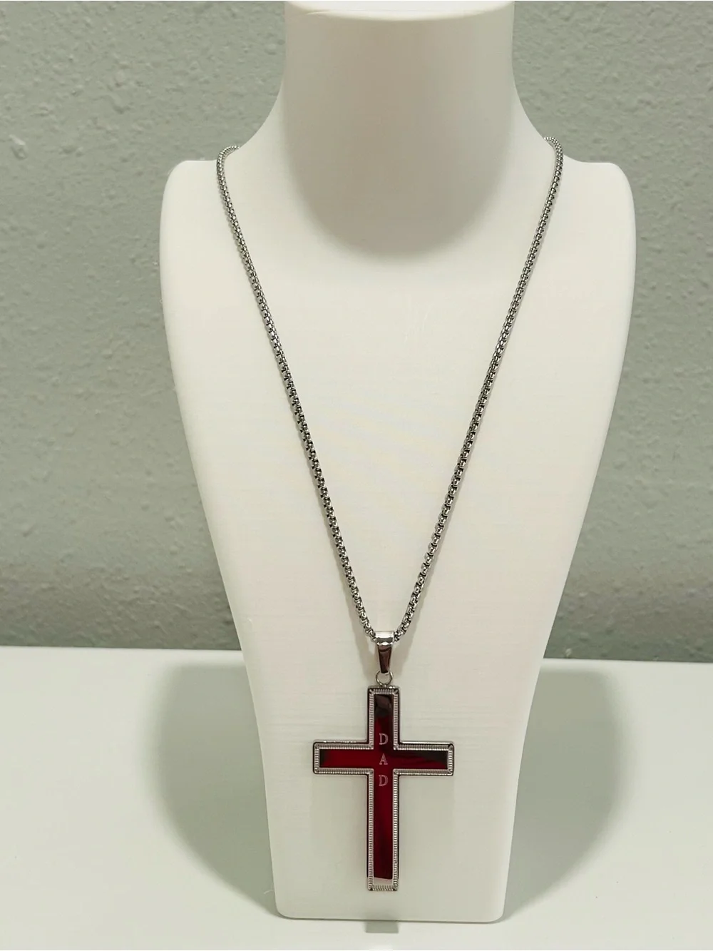 Avon Mens Cross Necklace Stainless Steel Engraved DAD Silvertone 24